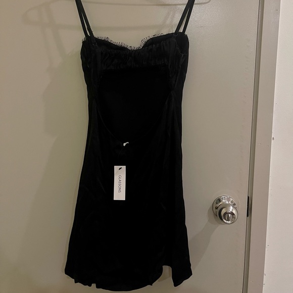 Satin Lace Trim Mini Dress (Black) - Picture 3 of 5